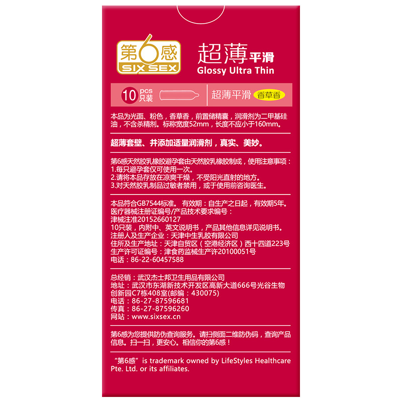 SIXSEX Glossy Ultra Thin 10-piece back label with material, width and scent information.