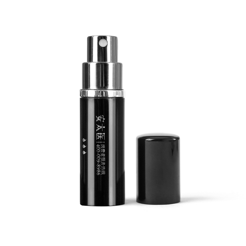 Supplier reference of the uncapped black bottle, showing the silver-coloured atomiser and removable cap.