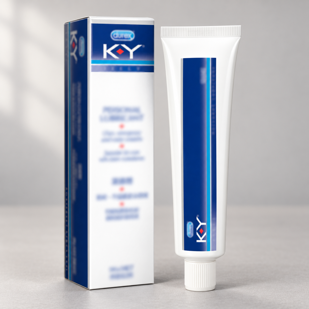 Durex KY Lubricant 50g — AI product appearance mockup based on the catalog photograph. Appearance and packaging details may be reconstructed; use the original photos and confirmed supplier specifications before ordering. This is a concept illustration, not an actual product photograph.