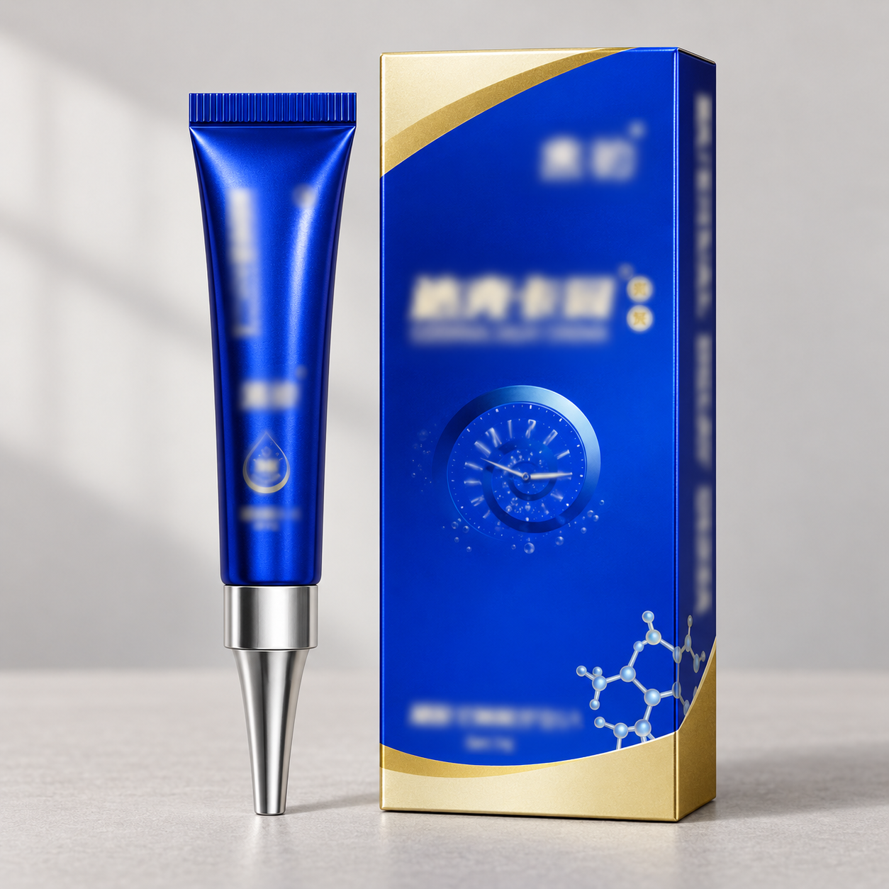 Black Panther Daccaine Ointment 10g Blue Gold — AI product appearance mockup based on the catalog photograph. Appearance and packaging details may be reconstructed; use the original photos and confirmed supplier specifications before ordering. This is a concept illustration, not an actual product photograph.