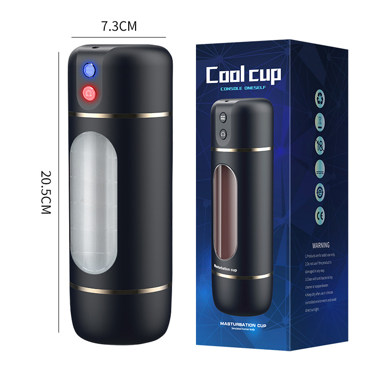Cool Cup B black rechargeable version: matched body, dimension labels and Cool Cup retail carton.
