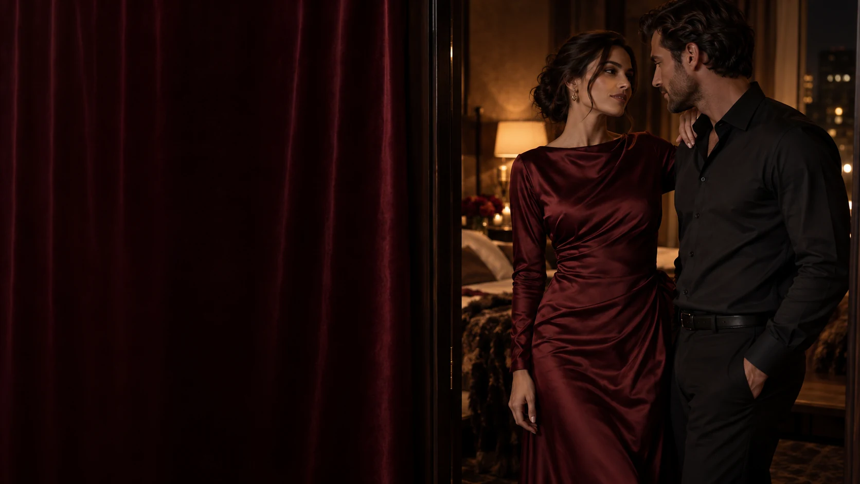Styled concept of two adults in a softly lit burgundy suite